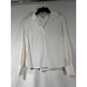 Nine West White Blouse, Eyelet Lace Balloon Sleeves, Size Medium, Pullover